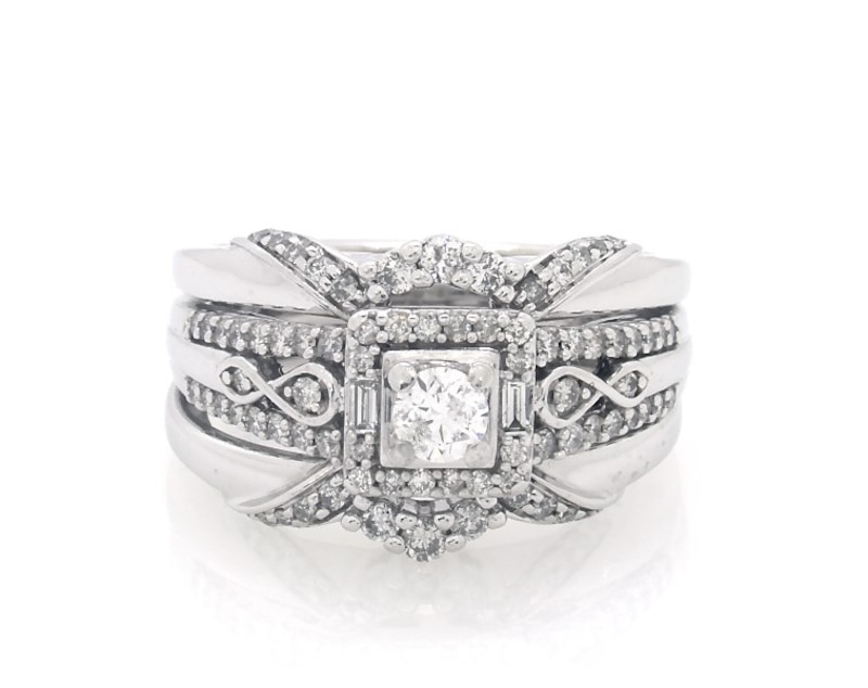 Main Image 1 of Previously Owned Round-Cut Diamond Square Halo Bridal Set 5/8 ct tw 10K White Gold Size 6.5