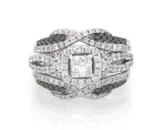 Previously Owned Princess-Cut White & Black Diamond Bridal Set 1-3/8 ct tw 14K White Gold Size 5.75