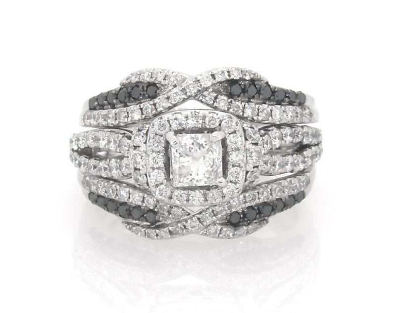 Main Image 1 of Previously Owned Princess-Cut White & Black Diamond Bridal Set 1-3/8 ct tw 14K White Gold Size 5.75