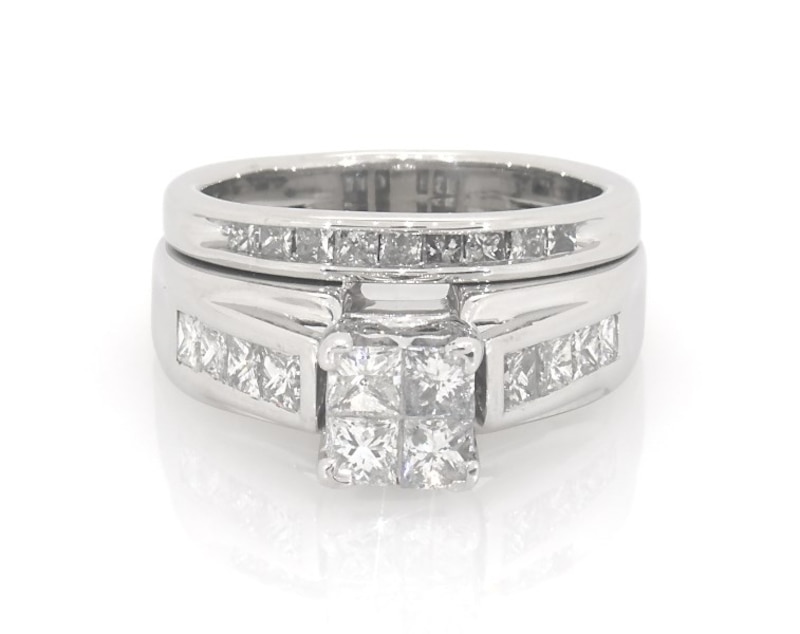 Main Image 1 of Previously Owned Princess-Cut Quad Diamond Bridal Set 1-1/5 ct tw 10K White Gold Size 6