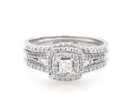 Previously Owned Princess-Cut Diamond Cushion Double Halo Bridal Set 7/8 ct tw 10K White Gold Size 8.5