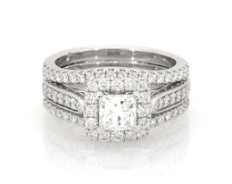 Previously Owned THE LEO Diamond Princess-Cut Halo Bridal Set 1-1/2 ct tw 14K White Gold Size 6.75
