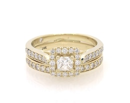 Previously Owned THE LEO Diamond Princess-Cut Halo Bridal Set 7/8 ct tw 14K Yellow Gold Size 6.75