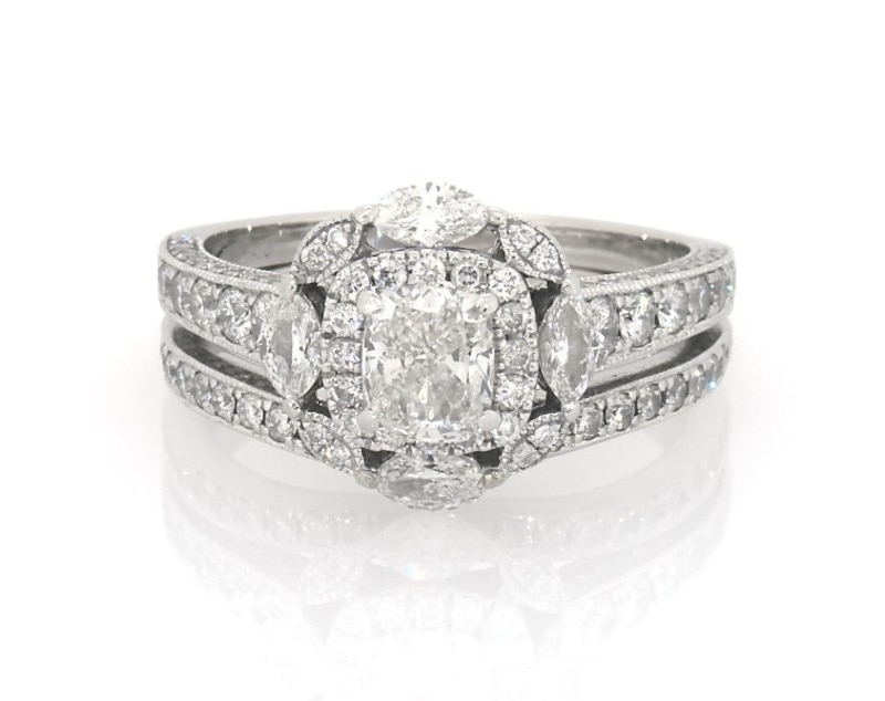 Main Image 1 of Previously Owned Neil Lane Studio Cushion-Cut Diamond Halo Bridal Set 1-7/8 ct tw 14K White Gold Size 7.5
