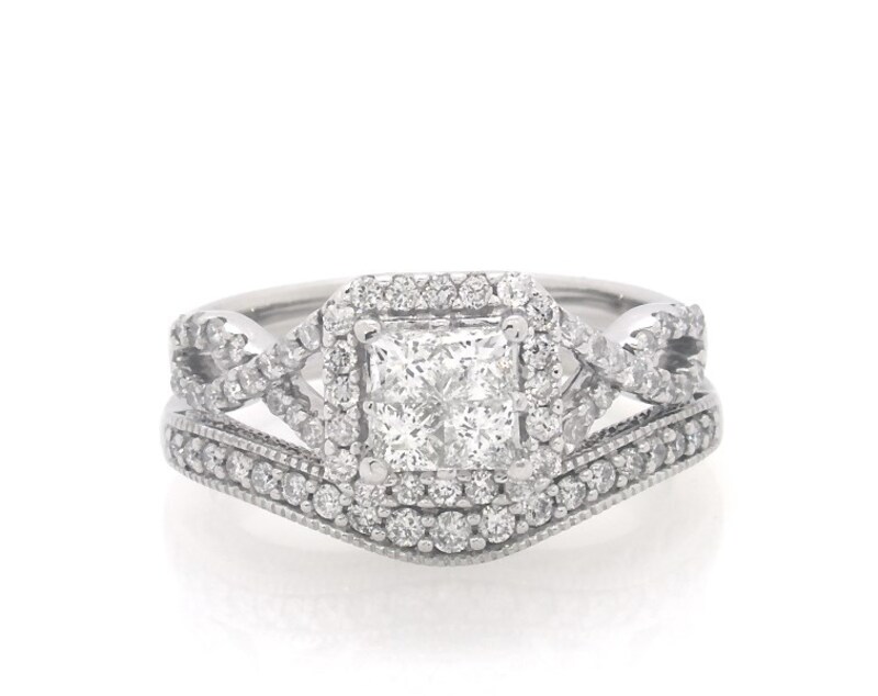 Main Image 1 of Previously Owned Princess-Cut Quad Diamond Bridal Set 7/8 ct tw 14K White Gold Size 6.5