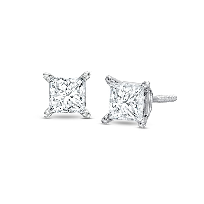 Main Image 1 of Previously Owned Diamond Solitaire Stud Earrings 3/4 ct tw Princess-cut 14K White Gold (I/I1)