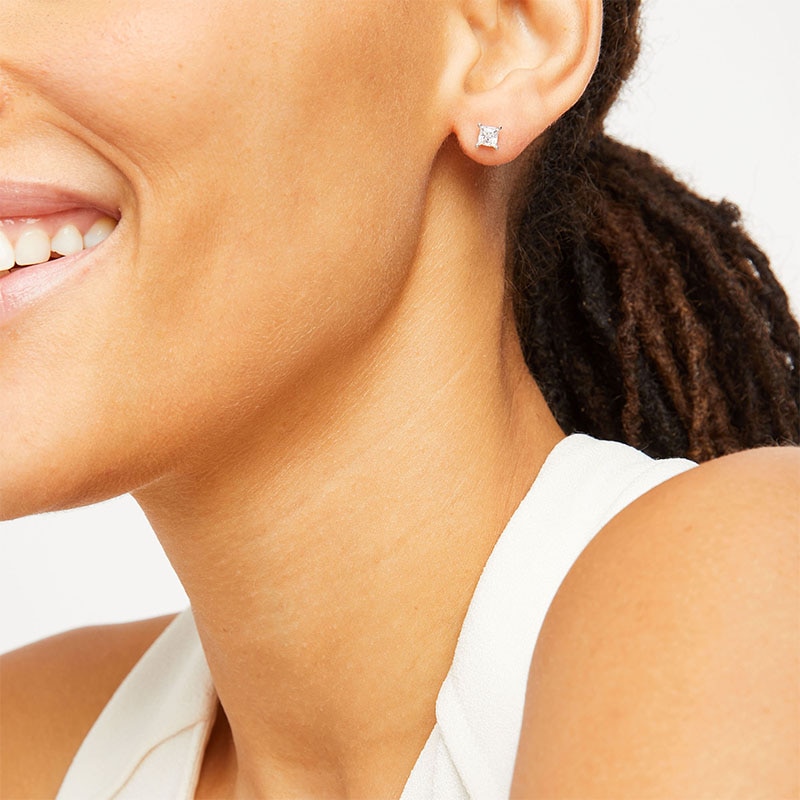 Main Image 2 of Previously Owned Diamond Solitaire Stud Earrings 3/4 ct tw Princess-cut 14K White Gold (I/I1)