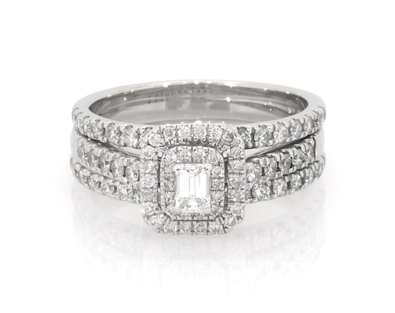 Previously Owned Emerald-Cut Diamond Double Halo Bridal Set 7/8 ct tw 10K White Gold Size 7.25