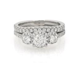 Previously Owned Round-Cut Diamond Three-Stone Halo Bridal Set 1-1/5 ct tw 14K White Gold Size 6