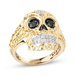 Previously Owned Men's Black & White Diamond Skull Ring 3/8 ct tw 10K Yellow Gold