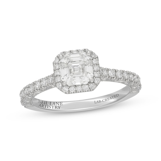 Previously Owned Neil Lane Artistry Heritage Square Emerald-Cut Lab-Grown Diamond Halo Engagement Ring 1-3/8 ct tw Platinum