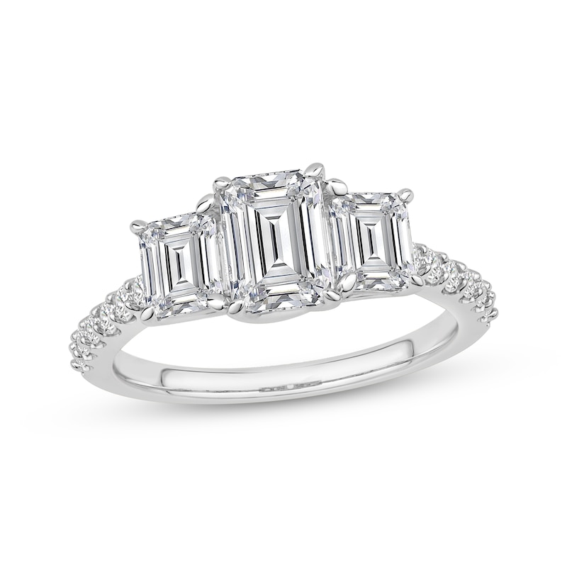 Main Image 1 of Previously Owned Lab-Grown Diamonds Emerald-Cut Three-Stone Engagement Ring 2 ct tw 14K White Gold