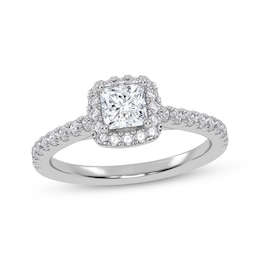 Previously Owned Lab-Grown Diamonds Princess-Cut Halo Engagement Ring 3/4 ct tw 14K White Gold