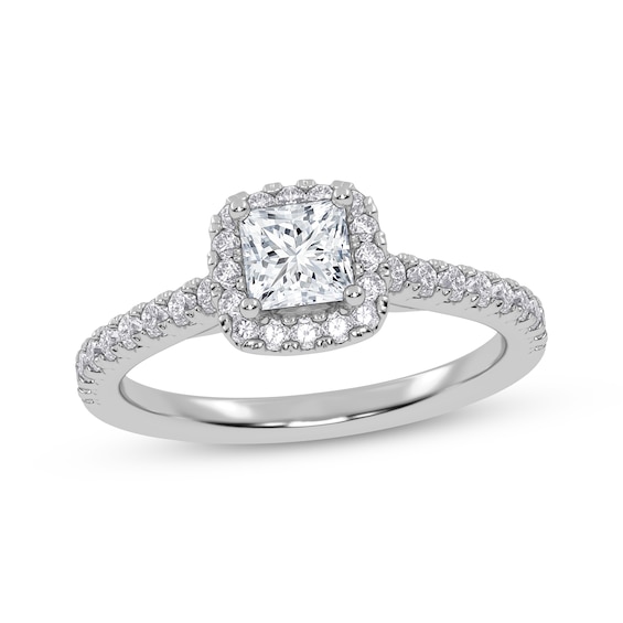 Previously Owned Lab-Grown Diamonds Princess-Cut Halo Engagement Ring 3/4 ct tw 14K White Gold