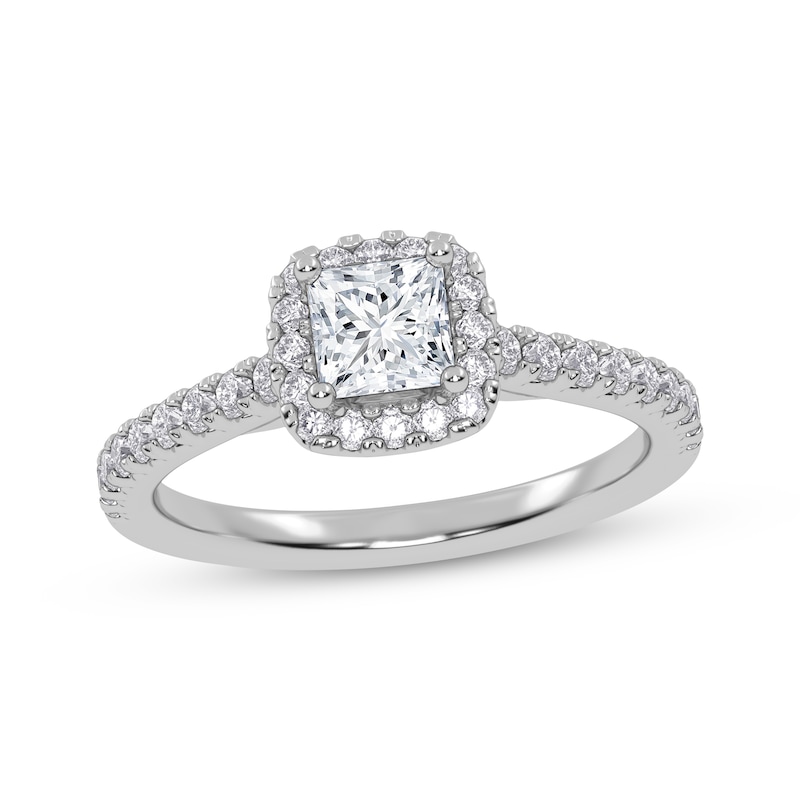 Main Image 1 of Previously Owned Lab-Grown Diamonds Princess-Cut Halo Engagement Ring 3/4 ct tw 14K White Gold