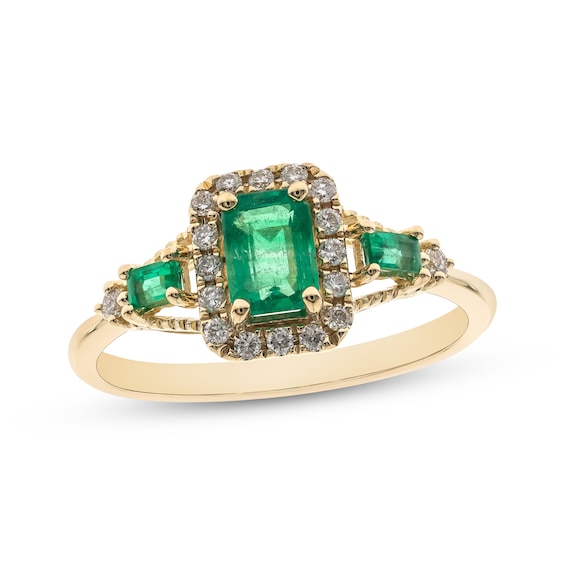 Previously Owned Emerald-Cut Natural Emerald & Diamond Halo Three-Stone Ring 1/5 ct tw 10K Yellow Gold