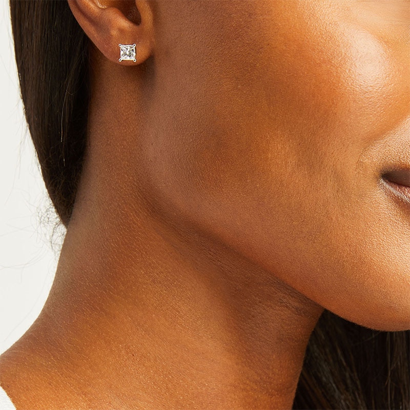 Main Image 4 of Previously Owned THE LEO Legacy Lab-Grown Diamond Princess-Cut Solitaire Stud Earrings 1-1/2 ct tw 14K White Gold (F/VS2)