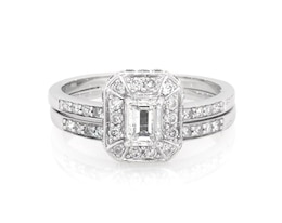Previously Owned Emerald-Cut Diamond Halo Bridal Set 1 ct tw 10K White Gold Size 8.25