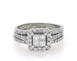 Previously Owned Princess-Cut Quad Diamond Halo Bridal Set 1-3/8 ct tw 14K White Gold Size 8.5
