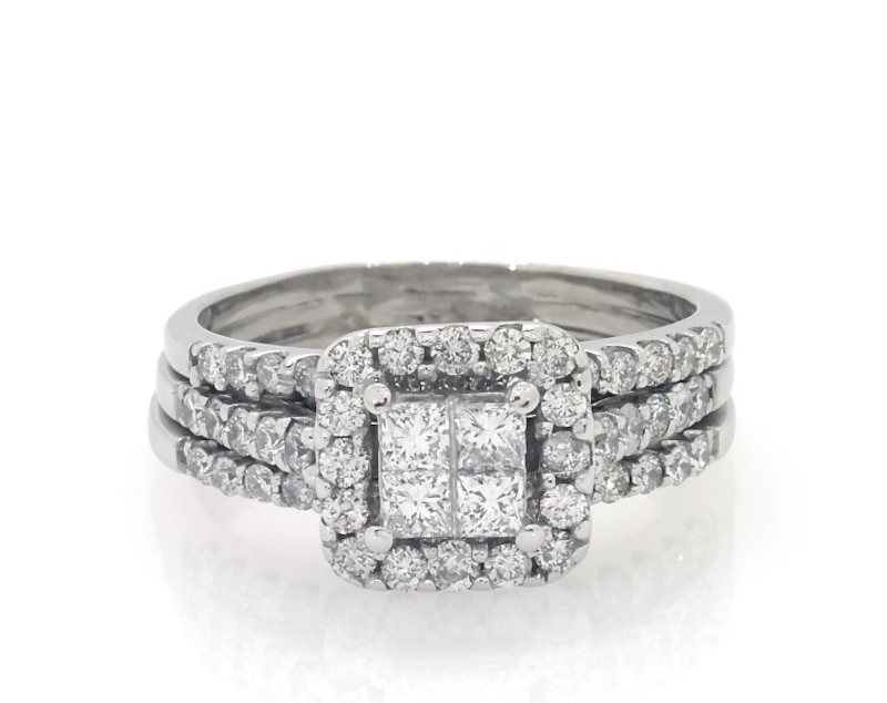 Main Image 1 of Previously Owned Princess-Cut Quad Diamond Halo Bridal Set 1-3/8 ct tw 14K White Gold Size 8.5