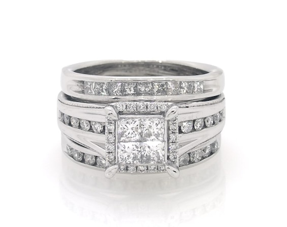 Previously Owned Princess-Cut Quad Diamond Bridal Set 1-1/6 ct tw 10K White Gold Size 5