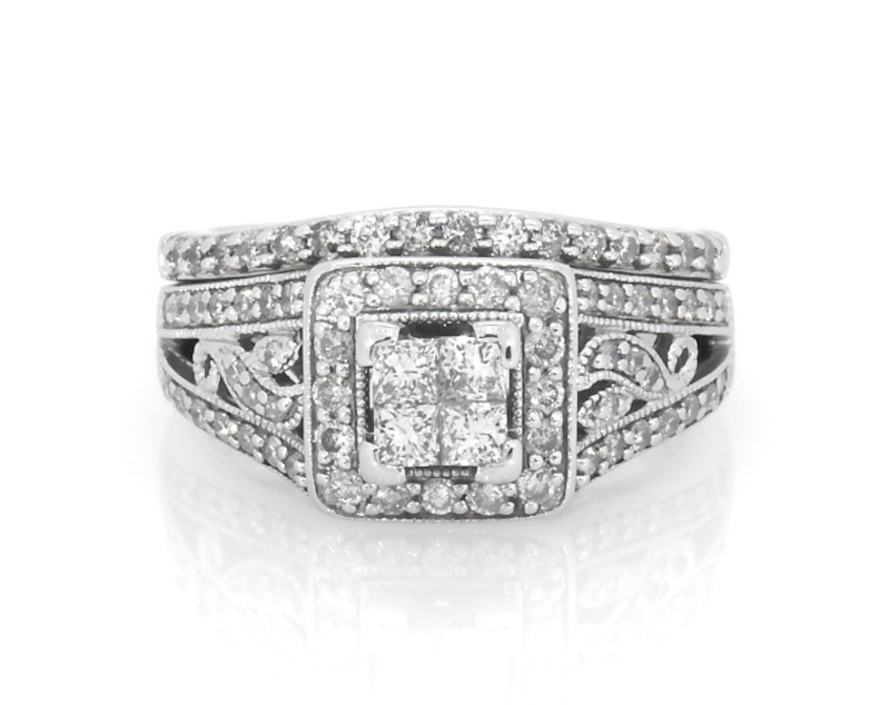 Main Image 1 of Previously Owned Princess-Cut Quad Diamond Halo Bridal Set 3/4 ct tw 14K White Gold Size 4.25