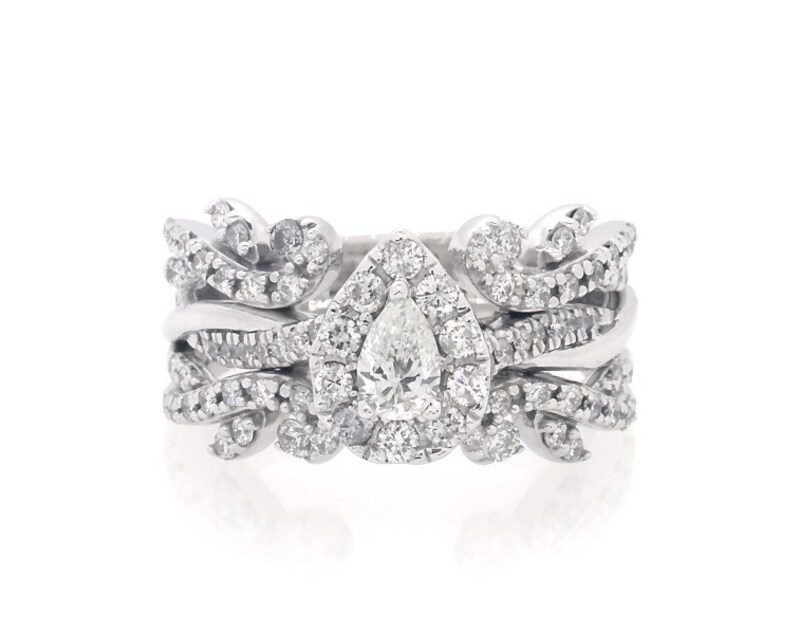 Main Image 1 of Previously Owned Pear-Shaped Diamond Halo Swirl Bridal Set 7/8 ct tw 14K White Gold Size 4.75