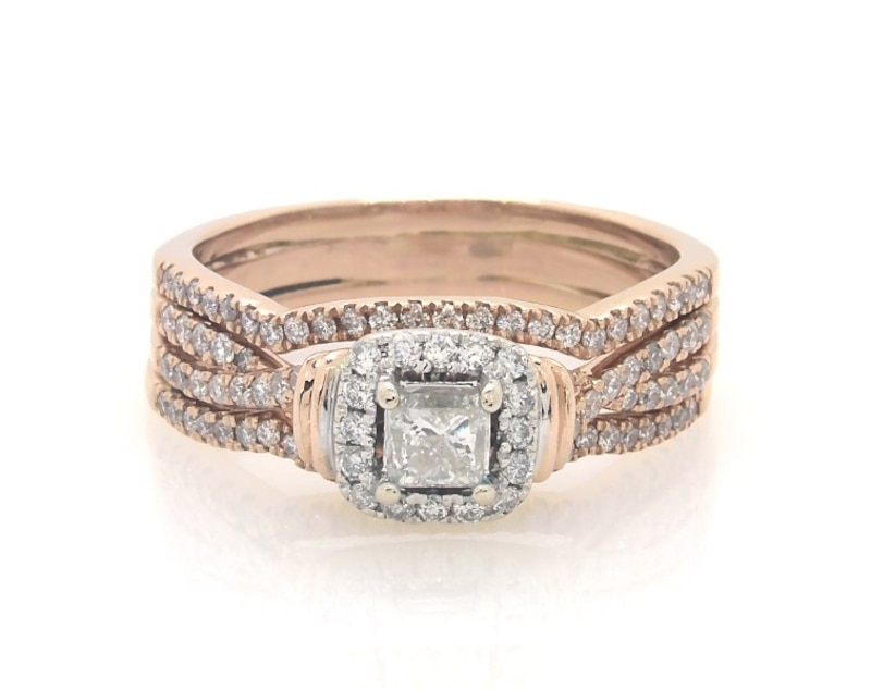 Main Image 1 of Previously Owned Princess-Cut Diamond Halo Bridal Set 7/8 ct tw 14K Two-Tone Gold Size 9.25