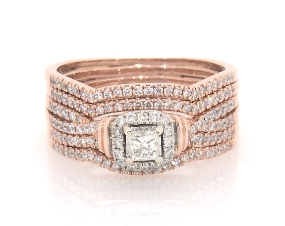 Previously Owned Princess-Cut Diamond Halo Bridal Set 1-1/5 ct tw 14K Two-Tone Gold Size 10.75