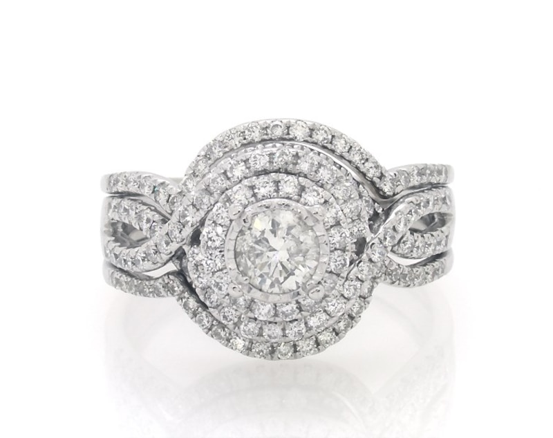 Main Image 1 of Previously Owned Round-Cut Diamond Halo Bridal Set 1-5/8 ct tw 14K White Gold Size 10.5