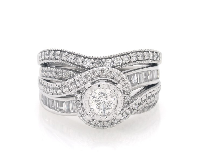 Main Image 1 of Previously Owned Round-Cut Diamond Bypass Bridal Set 1-1/6 ct tw 10K White Gold Size 6