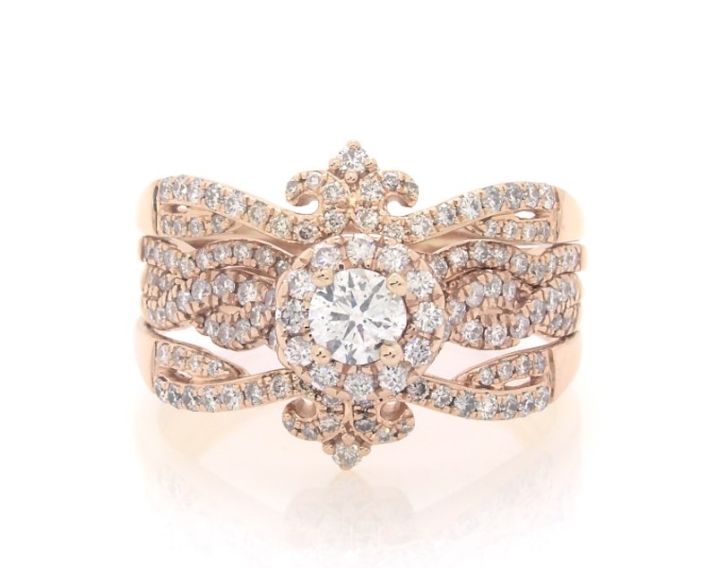 Main Image 1 of Previously Owned Round-Cut Diamond Halo Bridal Set 1-3/8 ct tw 14K Rose Gold Size 10.75