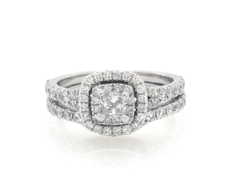 Main Image 1 of Previously Owned Neil Lane Princess-Cut Diamond Double Halo Bridal Set 1-1/3 ct tw 14K White Gold Size 8.75