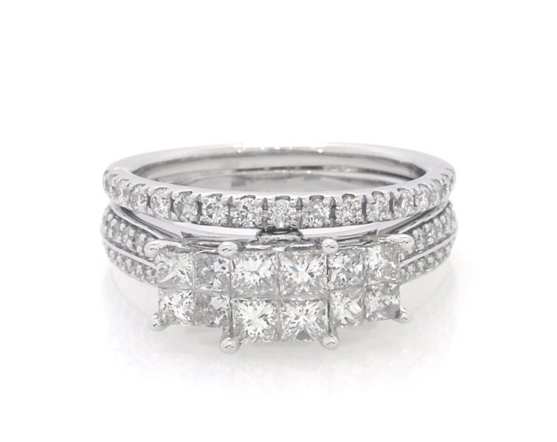 Main Image 1 of Previously Owned Princess-Cut Quad Trio Bridal Set 1-1/5 ct tw 10K White Gold Size 5.5