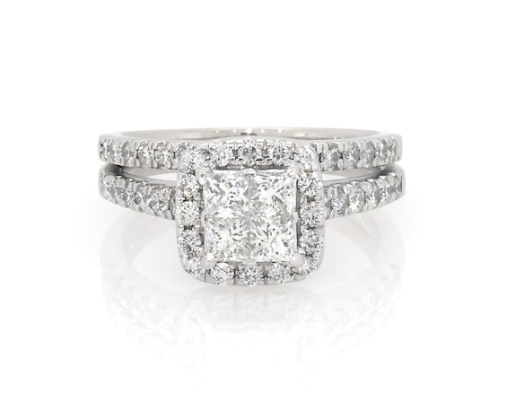 Previously Owned Princess-Cut Quad Diamond Halo Bridal Set 1-1/6 ct tw 14K White Gold Size 6.5