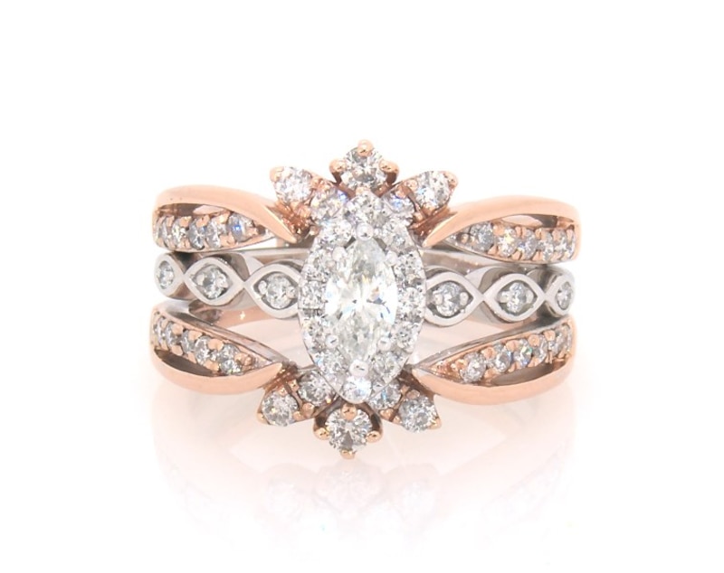 Main Image 1 of Previously Owned Marquise-Cut Diamond Halo Bridal Set 5/8 ct tw 10K Two-Tone Gold Size 4
