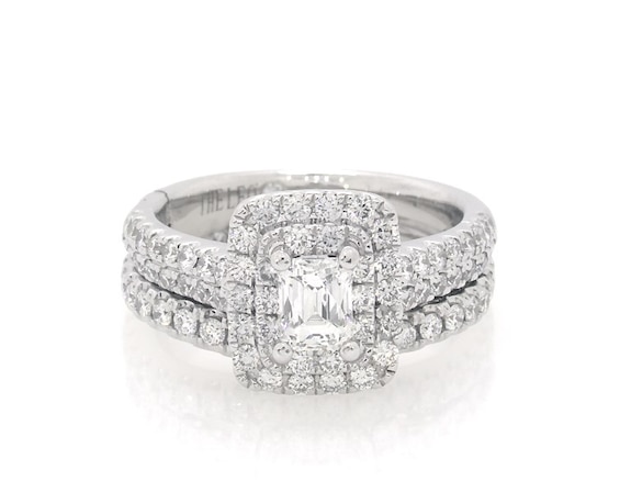 Previously Owned Emerald-Cut Diamond Double Halo Bridal Set 1-1/5 ct tw 14K White Gold Size 5