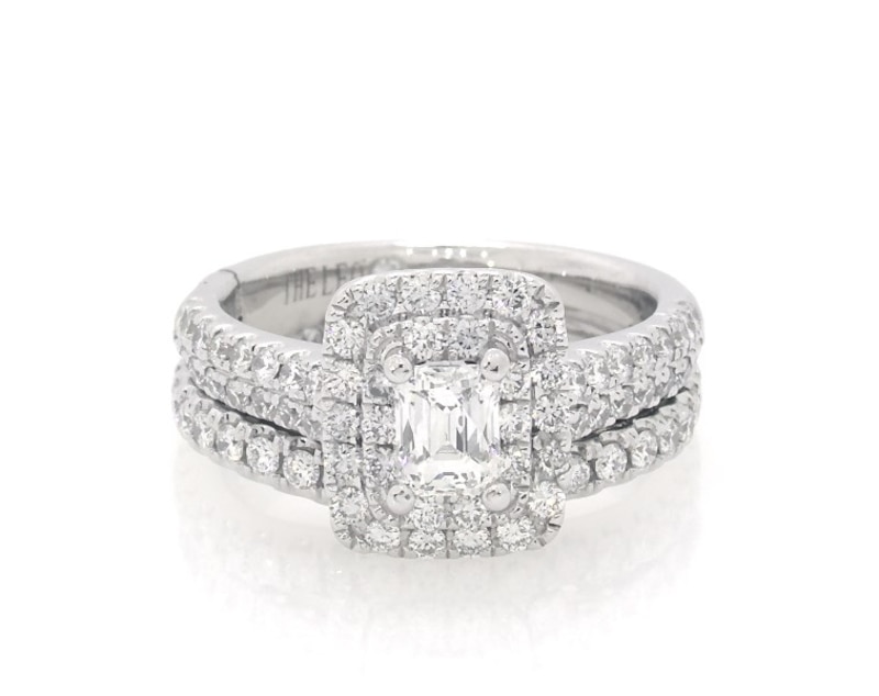 Main Image 1 of Previously Owned Emerald-Cut Diamond Double Halo Bridal Set 1-1/5 ct tw 14K White Gold Size 5