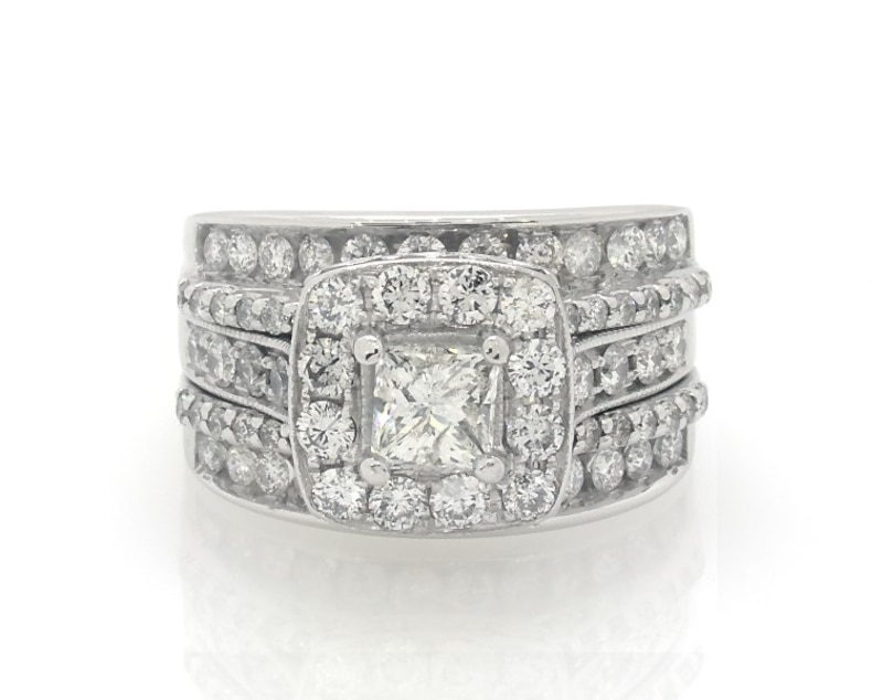 Main Image 1 of Previously Owned Princess-Cut Diamond Halo Bridal Set 2-3/8 ct tw 14K White Gold Size 7.5