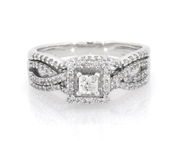 Previously Owned Princess-Cut Diamond Halo Twist Shank Bridal Set 5/8 ct tw 14K White Gold Size 9