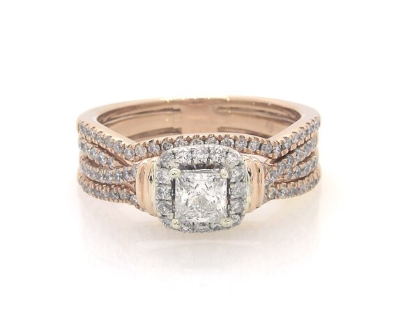 Previously Owned Princess-Cut Diamond Halo Bridal Set 7/8 ct tw 14K Two-Tone Gold Size 7