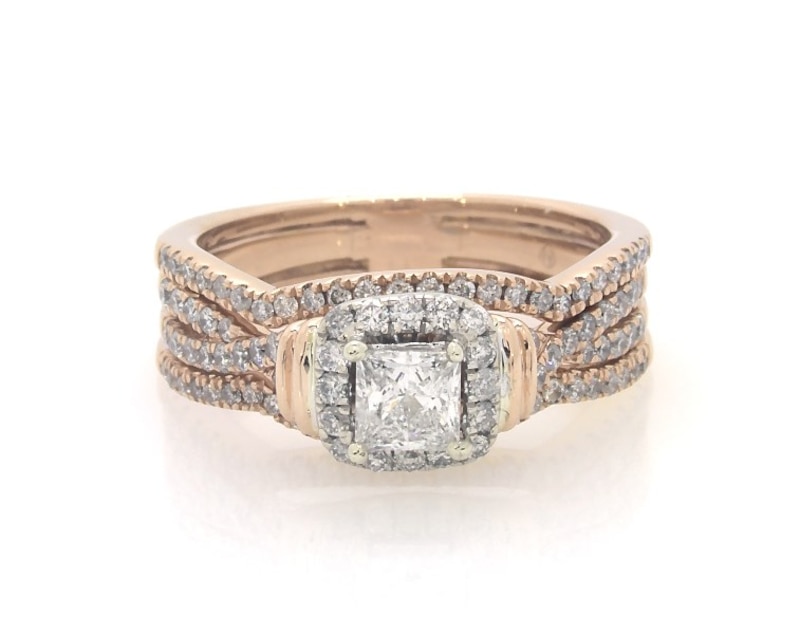 Main Image 1 of Previously Owned Princess-Cut Diamond Halo Bridal Set 7/8 ct tw 14K Two-Tone Gold Size 7