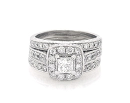 Previously Owned Princess-Cut Diamond Cushion Halo Bridal Set 1-3/8 ct tw 14K White Gold Size 5.25