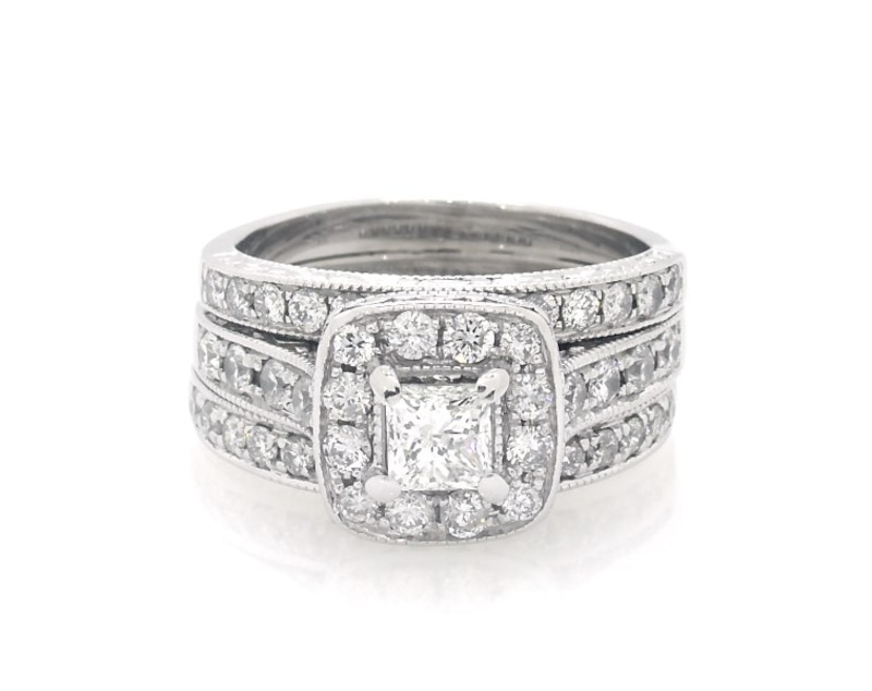 Main Image 1 of Previously Owned Princess-Cut Diamond Cushion Halo Bridal Set 1-3/8 ct tw 14K White Gold Size 5.25