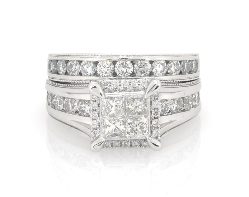 Main Image 1 of Previously Owned Princess-Cut Quad Diamond Bridal Set 2 ct tw 14K White Gold Size 9.75