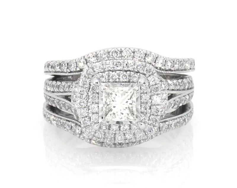 Main Image 1 of Previously Owned Princess-Cut Diamond Double Halo Bridal Set 1-3/8 ct tw 14K White Gold Size 6