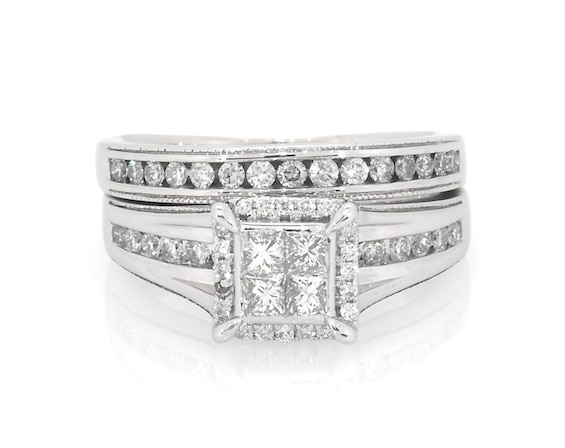 Previously Owned Princess-Cut Quad Diamond Bridal Set 1-1/6 ct tw 14K White Gold Size 10.75