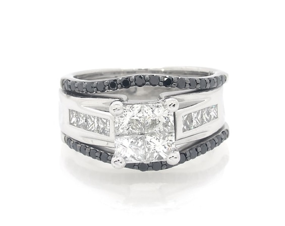 Previously Owned Princess-Cut Quad Diamond & Black Diamond Bridal Set 1-3/4 ct tw 14K White Gold Size 6