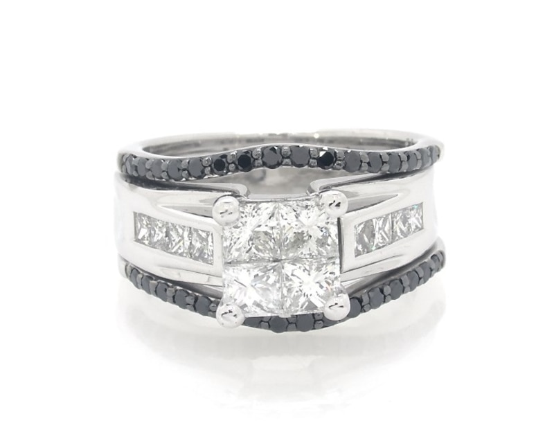 Main Image 1 of Previously Owned Princess-Cut Quad Diamond & Black Diamond Bridal Set 1-3/4 ct tw 14K White Gold Size 6