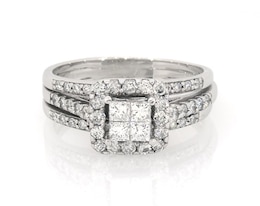 Previously Owned Princess-Cut Quad Diamond Halo Bridal Set 1-1/5 ct tw 14K White Gold Size 9
